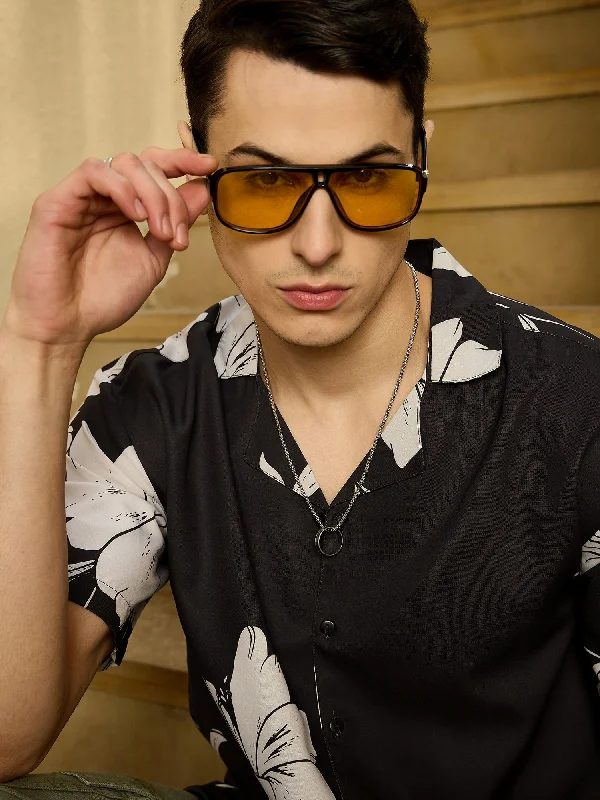 Men's Neutral-Tone Shirts for Versatile StylingBlack & White: Floral Printed Oversized Shirt