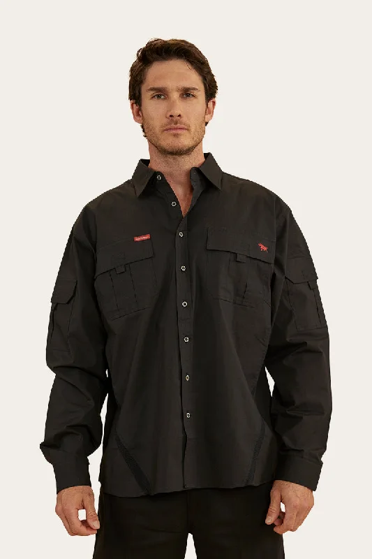 Men's Pattern Mixing Shirts for Creative StylePilbara Mens Ripstop Full Button Work Shirt - Black