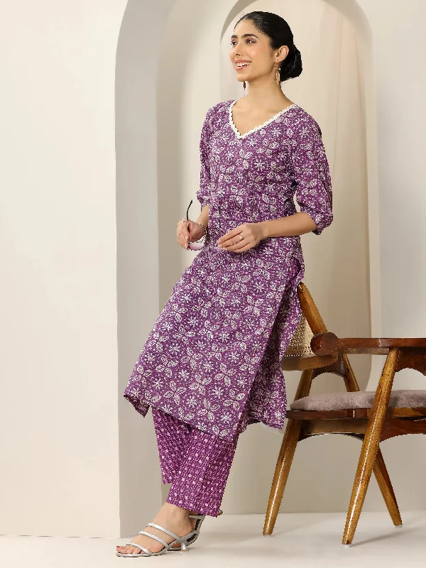 Purple Printed Pure Cotton Straight Kurta Set