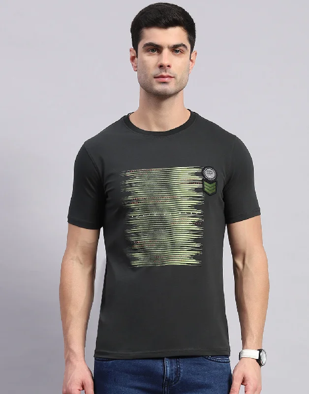 Men's Shirts with Pin CollarsMen Olive Printed Round Neck Half Sleeve T-Shirt