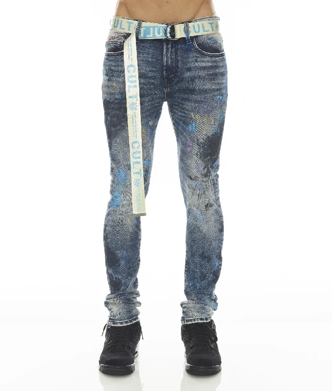 Wide-Leg Men's JeansPUNK SUPER SKINNY STRETCH w/BABY BLUE BELT IN ABSTRACT