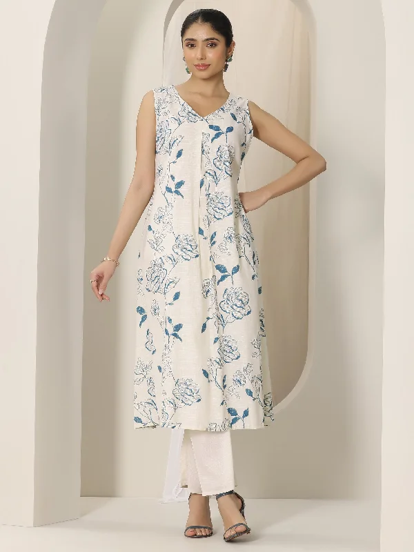 Off white Printed Silk Blend A-Line Kurta Set