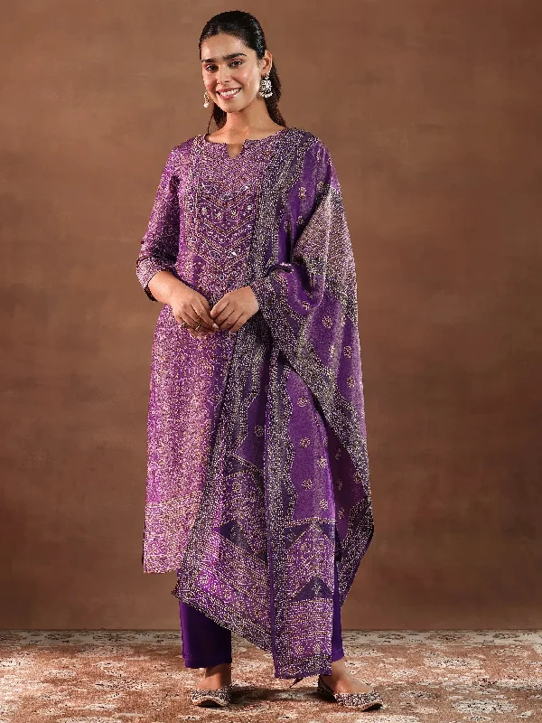 Purple Printed Silk Blend Straight Suit With Dupatta
