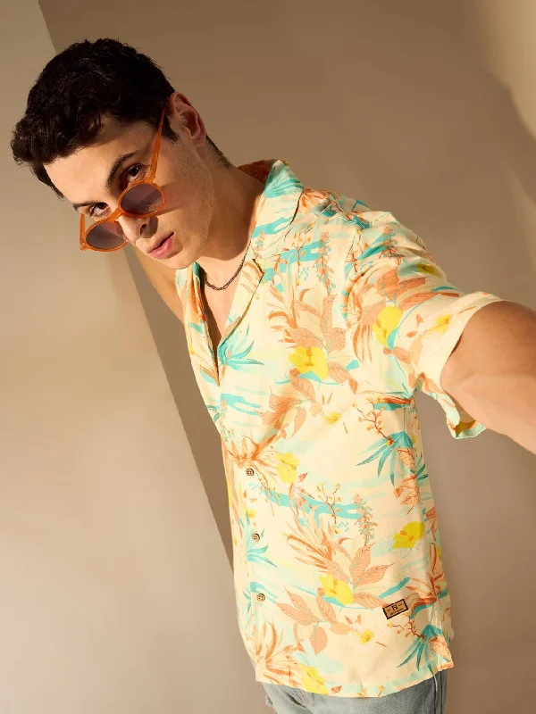 Men's Vintage T-Shirts for a Retro VibeCream & Orange: Floral Printed Oversized Shirt
