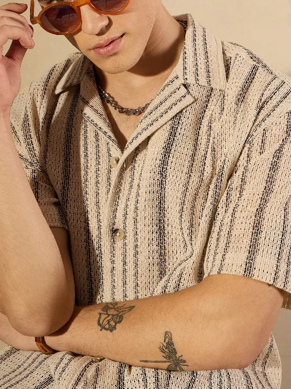 Men's Checked Short-Sleeve Shirts for Summer FunStriped Drop Shoulder Oversized Crochet Shirt