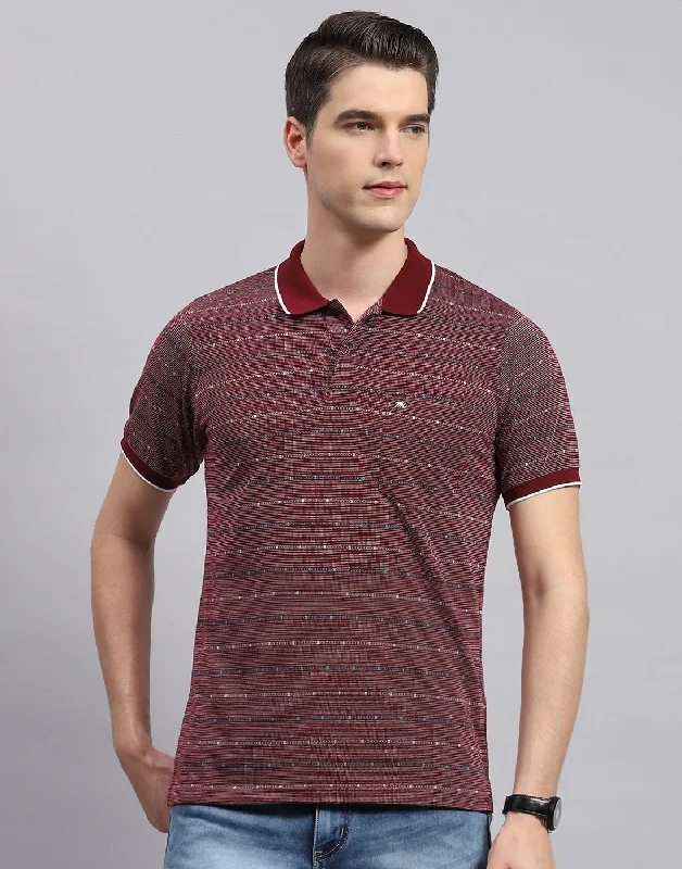 Striped Men's TopsMen Maroon Stripe Collar Neck Half Sleeve T-Shirt
