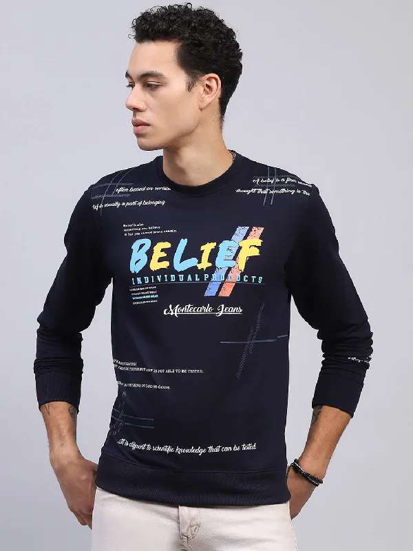 Men's Shirts with Mandarin CollarsMen Navy Blue Printed Round Neck Full Sleeve Winter T-Shirt