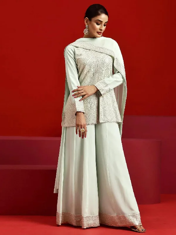Libas Art Sea Green Embroidered Georgette A-Line Kurta With Palazzos & Dupatta