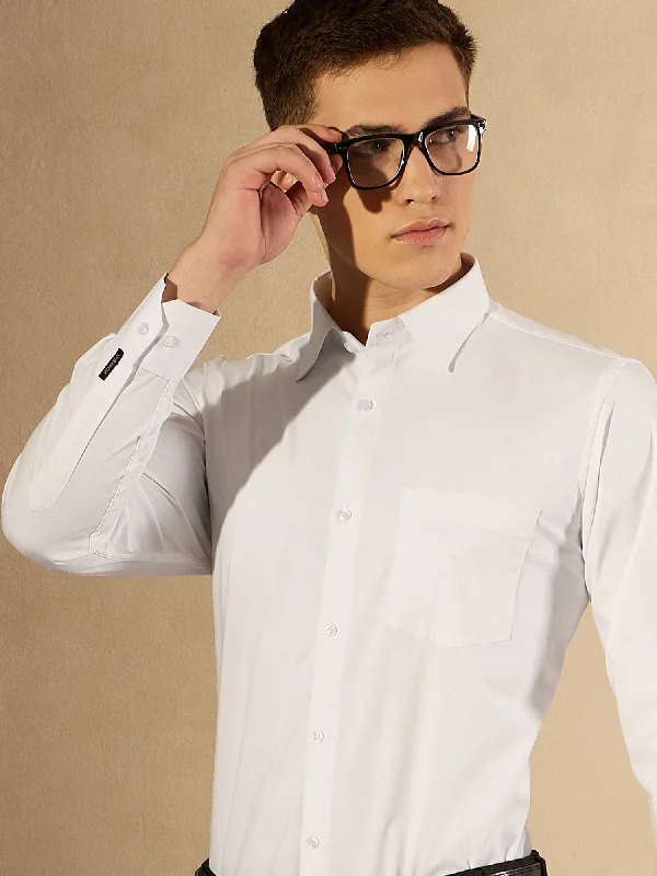 Men's Solid-Color Block Shirts for a Bold StatementWhite Lycra Spread Collar Formal Shirt