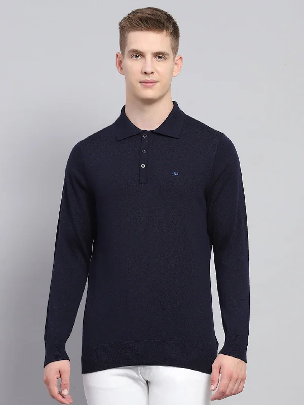 Men's Shirts for FishingMen Navy Blue Solid Collar Full Sleeve Winter T-Shirt