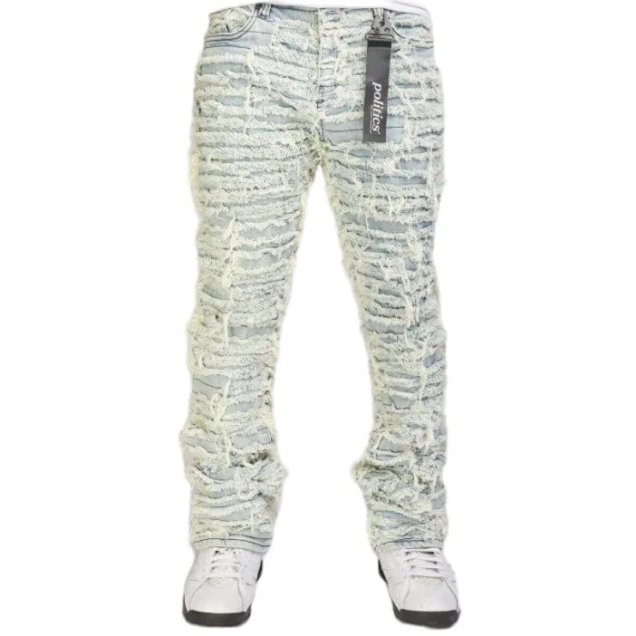 Men's Pants with Antimicrobial TreatmentForeign Brand Politics Thrashed Distressed Stacked Flare Jeans (Light Blue) DEBRIS511