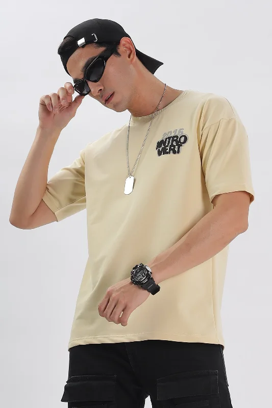 Men's Shirts with Lace-Up HemlinesIntrovert Vibes Drop Shoulder T-Shirt: Cream