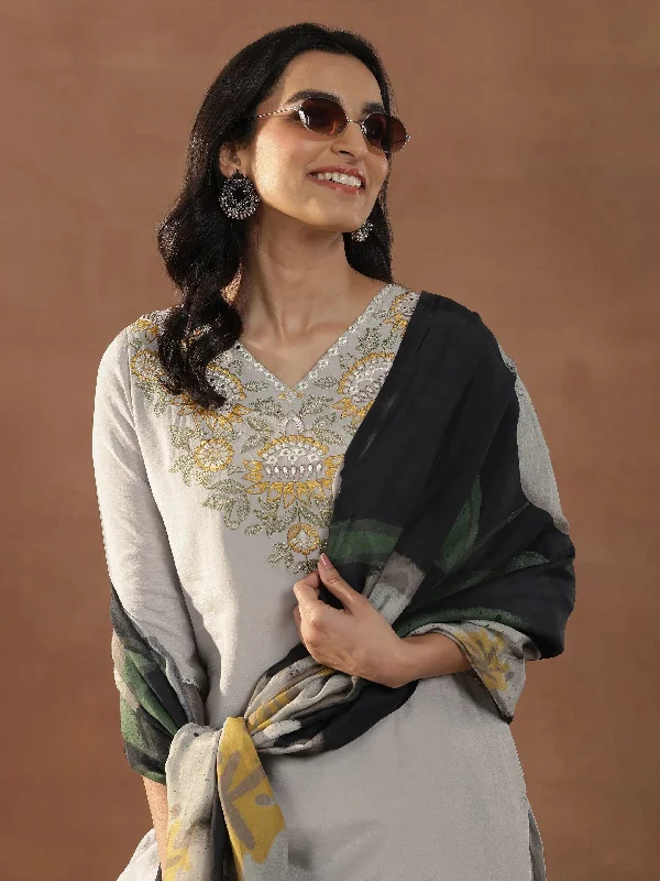 Grey Yoke Design Cotton Blend Straight Suit With Dupatta