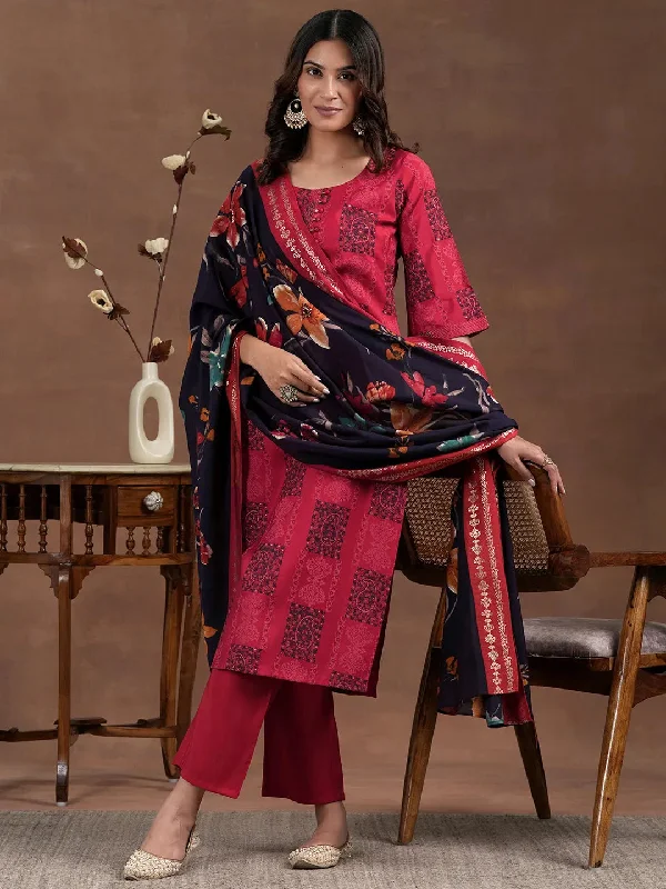 Red Printed Silk Blend Straight Suit With Dupatta