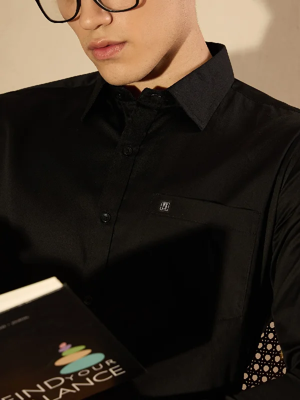 Men's Patterned Dress Casual Shirts for Smart-Casual EventsBlack Pure Cotton Formal Shirt