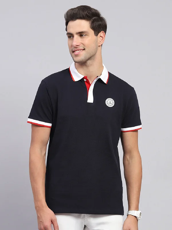 Men's Shirts with Wingtip CollarsMen Navy Blue Solid Collar Half Sleeve T-Shirt