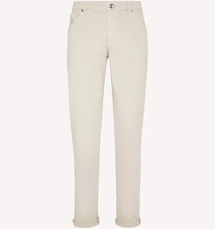 Men's Pants with Contrast Fabric PanelsBrunello Cucinelli 5-Pocket Jeans in Light Taupe