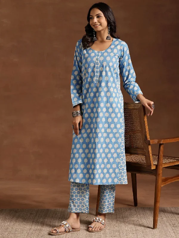 Blue Printed Cotton A-Line Kurta With Trousers