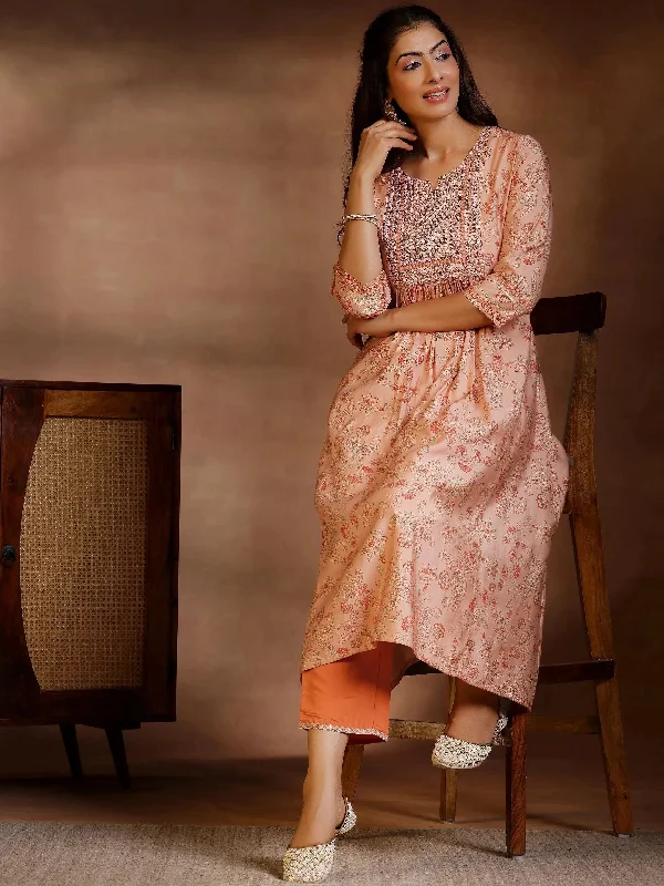 Rust Printed Silk Blend A-Line Kurta With Palazzos