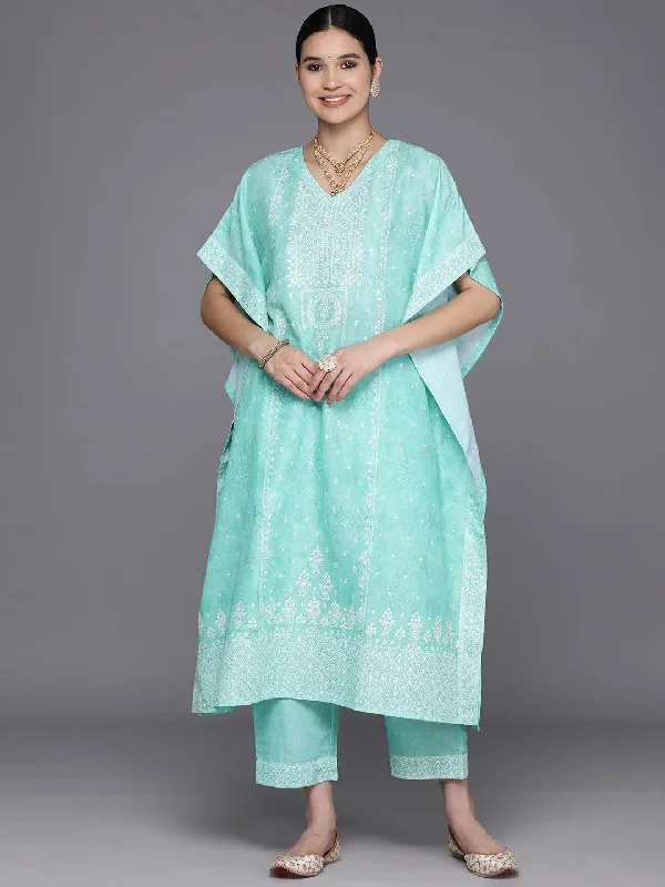 Blue Printed Silk Blend Kaftan With Trousers