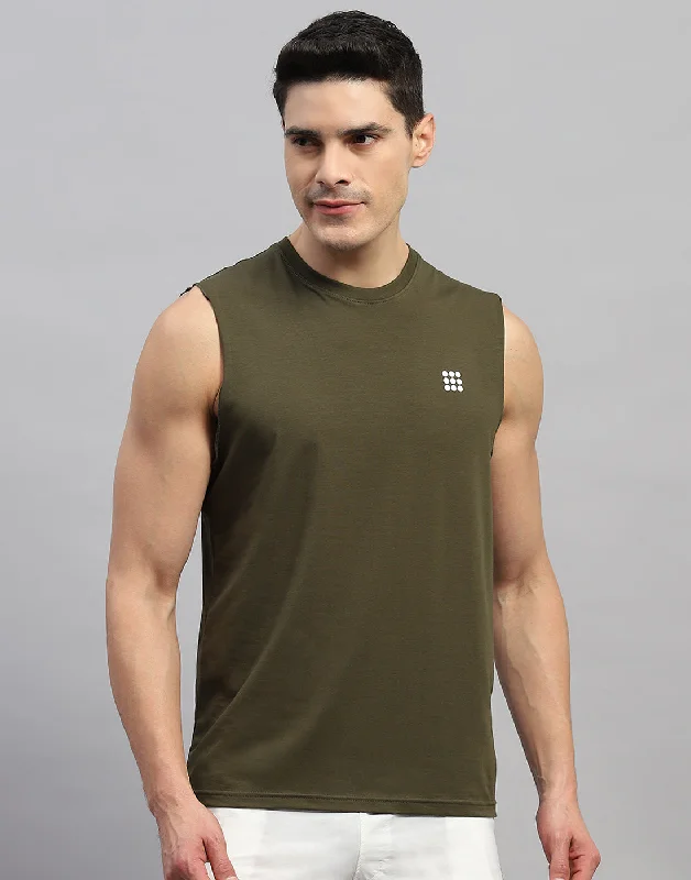 Men's Shirts with Rounded HemlinesMen Olive Solid Round Neck Sleeveless T-Shirt