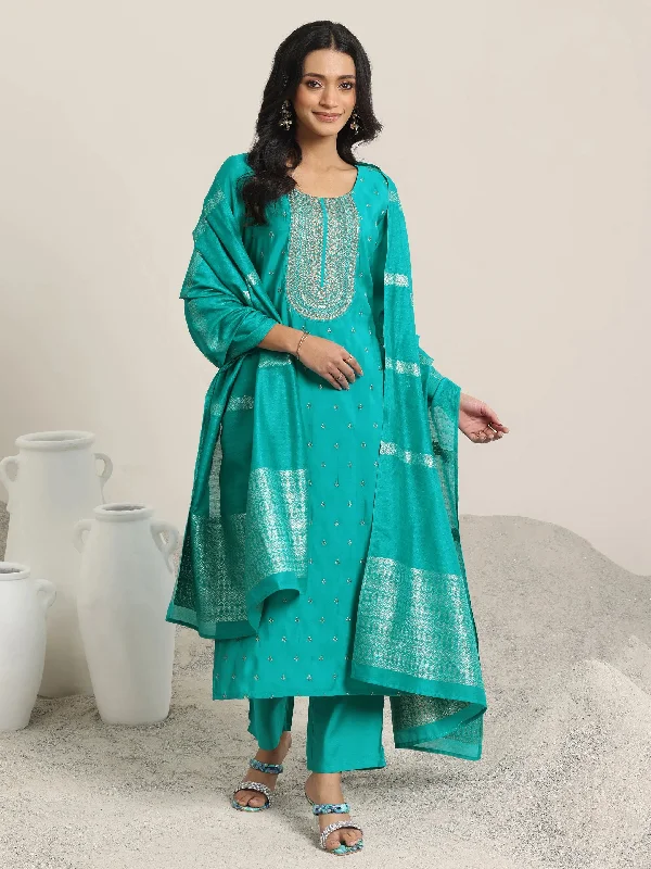 Teal Embroidered Silk Blend Straight Suit With Dupatta