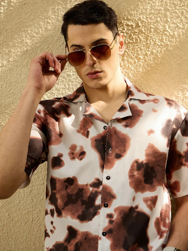 Men's Wingtip-Collar Shirts for a Classic TouchCream & Brown: Abstract Printed Oversized Shirt