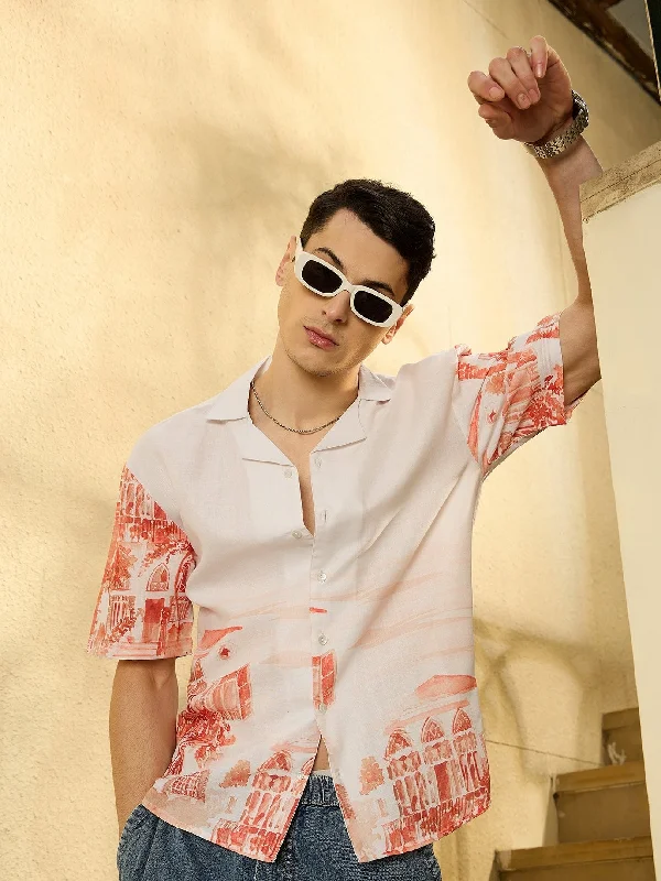 Comfortable Men's Flannel ShirtsWhite & Orange: Placement print Oversized Shirt