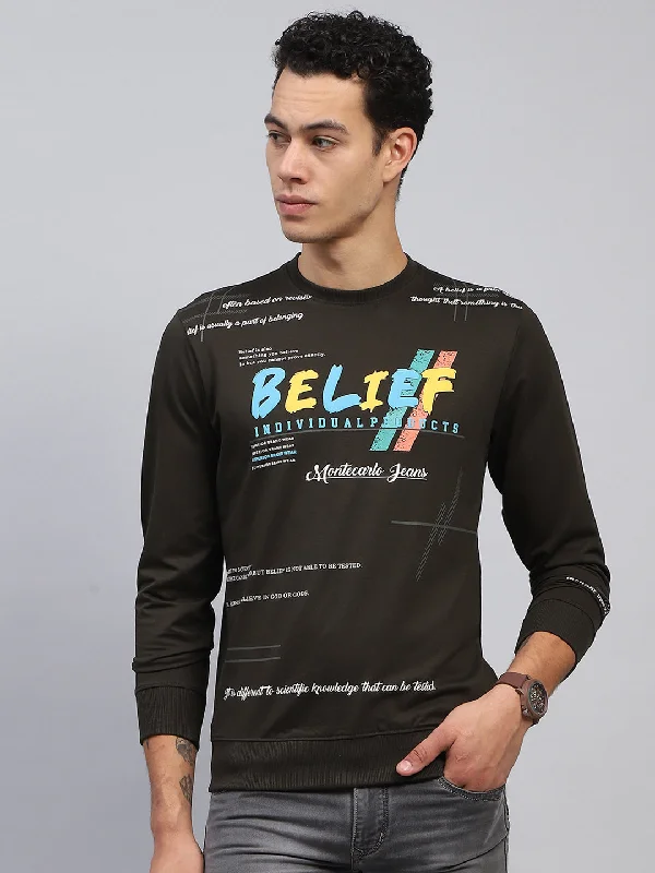 Men's Shirts with Double-Breasted DesignsMen Olive Printed Round Neck Full Sleeve Winter T-Shirt