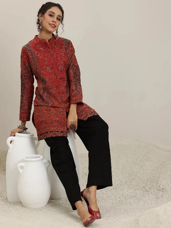 Multi Woven Design Wool Blend Straight Kurta With Palazzos