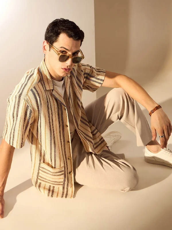 Men's Layering Shirts for Seasonal TransitionsBeige & Brown: Striped Crochet Oversized Shirt