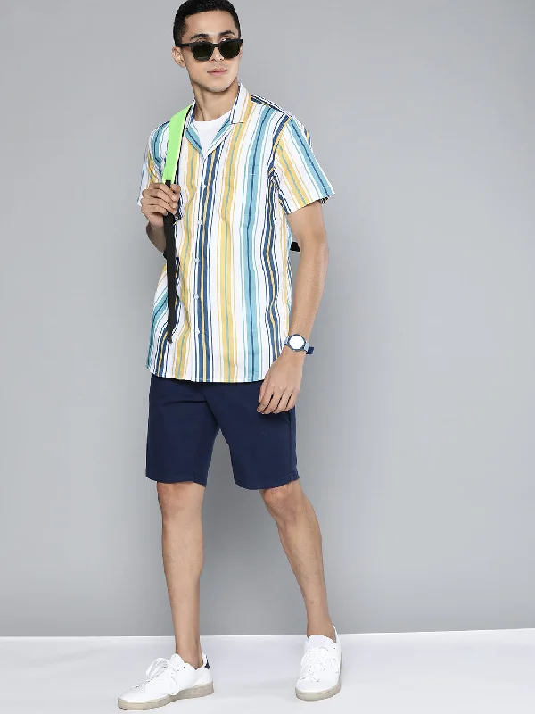 Men's Dressy Button-Down Shirts for Formal OccasionsMen Blue  Yellow Smart Multi Striped Casual Shirt