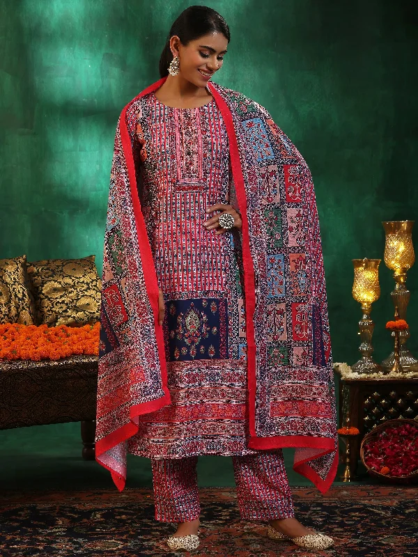 Multicoloured Printed Linen Straight Suit With Dupatta
