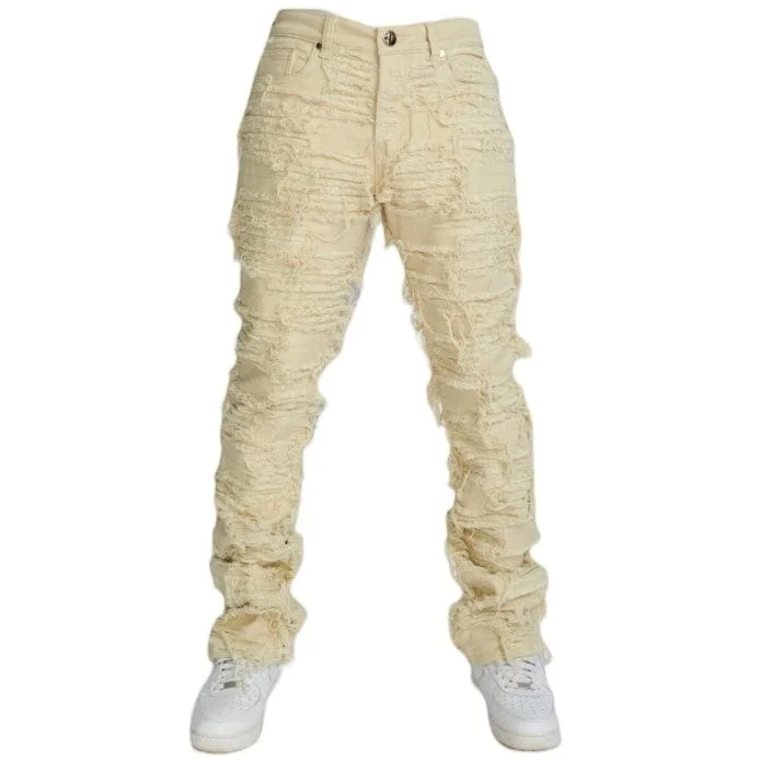 Men's Casual Pants for Everyday WearForeign Brand Politics Thrashed Distressed Stacked Flare Jeans (Cream) DEBRIS504