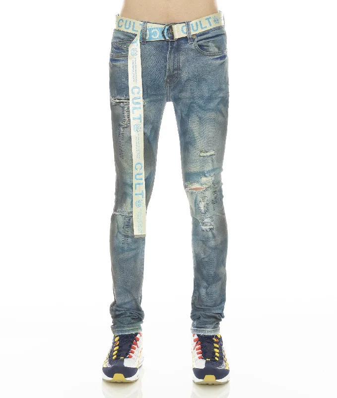 Trendy Men's JeansPUNK SUPER SKINNY STRETCH w/BABY BLUE BELT IN KASSO