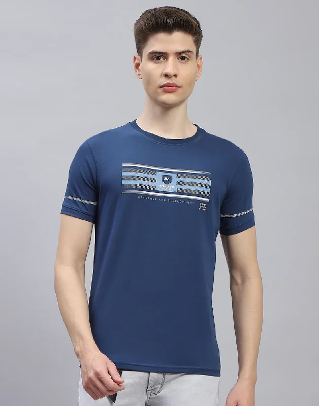Men's Unique and Designer TopsMen Navy Blue Printed Round Neck Half Sleeve T-Shirt