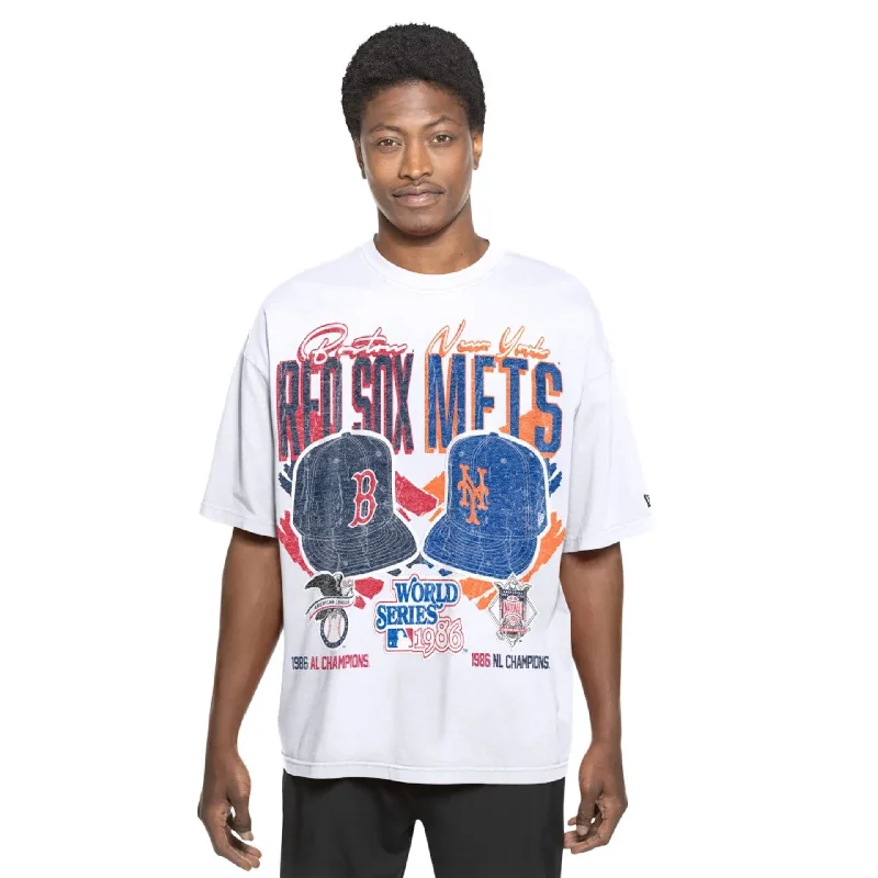 Men's Shirts with Pleated HemlinesBoston Red Sox VS New York Mets MLB Dueling Logos Sport Classic White T-Shirt
