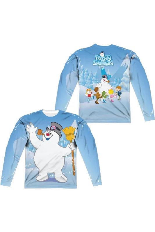 Men's Shirts with Button-Down PocketsFrosty The Snowman Frosty Wave (Front/Back Print) Long Sleeve Adult Poly Crew Tee / T-Shirt