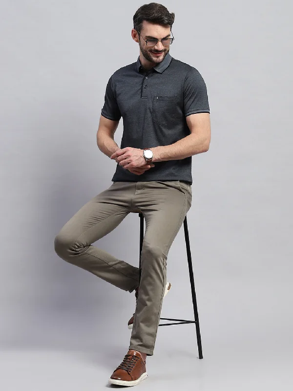 Men's Shirts with Ruffled HemlinesMen Black Solid Collar Half Sleeve T-Shirt