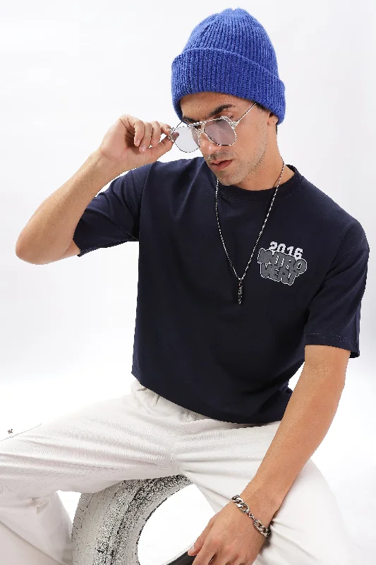 Men's Shirts with Mandarin CollarsIntrovert Vibes Drop Shoulder T-Shirt: Navy Blue