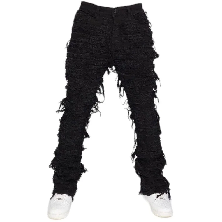 Men's Tapered Pants for a Slimming EffectForeign Brand Politics Thrashed Distressed Stacked Flare Jeans (Black) DEBRIS508