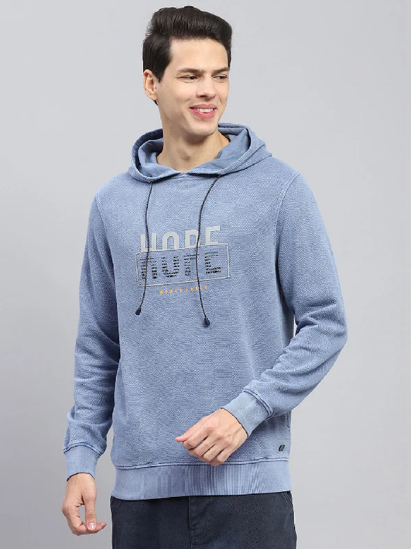 Men's Shirts with Animal PrintsMen Blue Printed Hooded Full Sleeve Winter T-Shirt