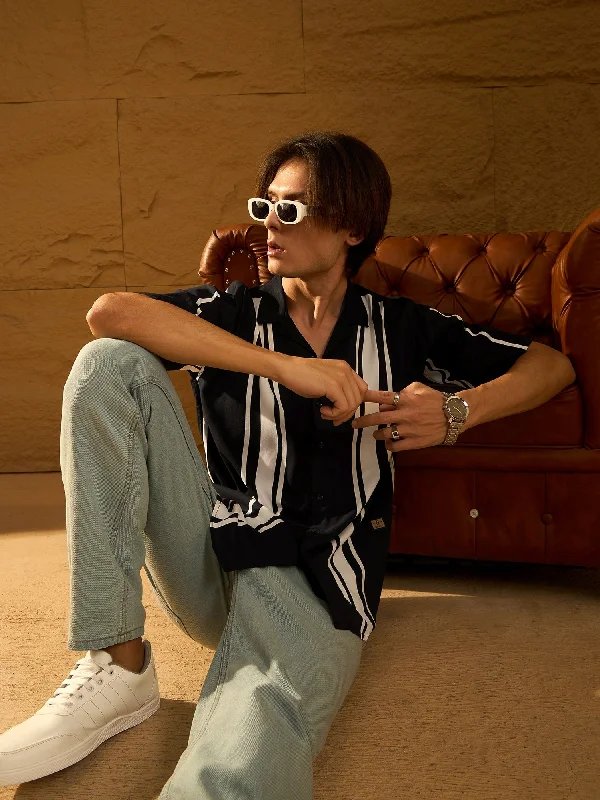 Men's Insulated Shirts for Cold WeatherStripes Printed Drop Shoulder Oversized Rayon Shirt