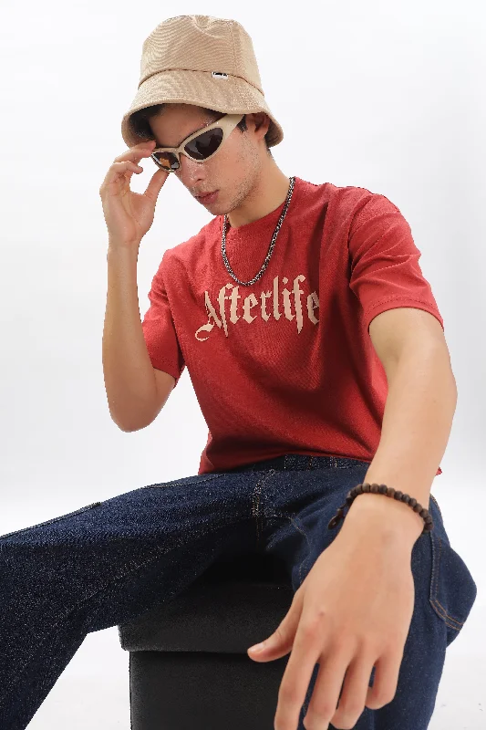Men's Shirts with Lace-Up HemlinesRed Drop Shoulder T-Shirt