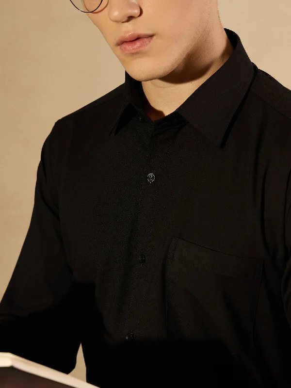 Men's Polo Shirts for Sports and Casual WearBlack Lycra Spread Collar Formal Shirt