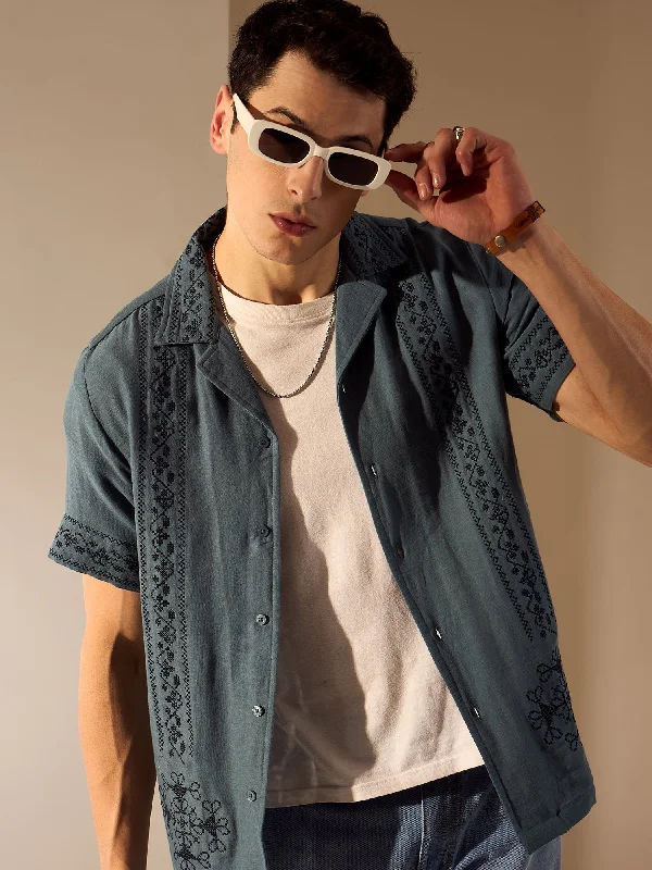 Men's Camouflage Shirts for an Outdoor AppealSteel Blue: Muslin Double Gauze Embroidery Shirt