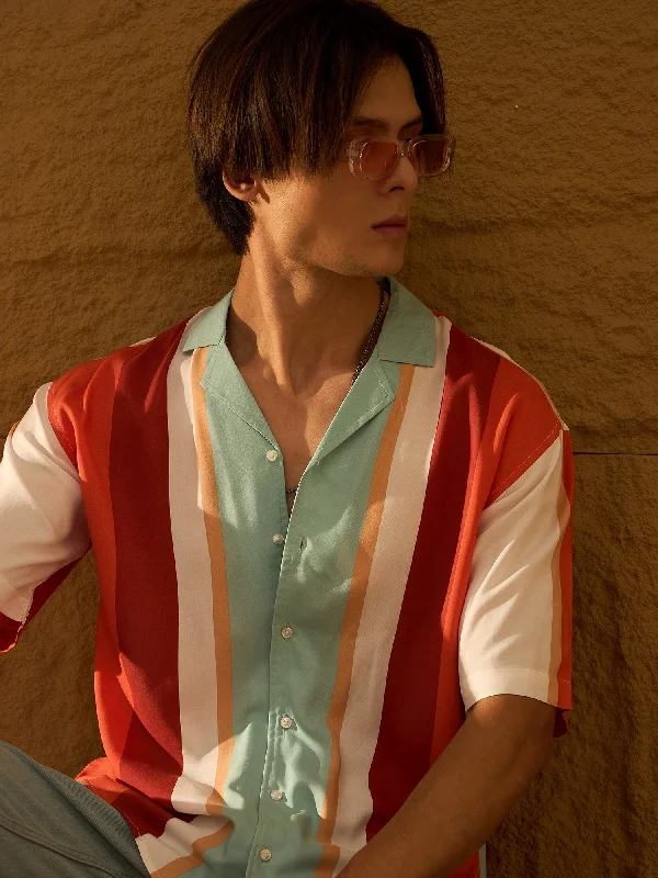 Men's Casual Friday Shirts for Relaxed Office DaysStripes Printed Drop Shoulder Oversized Rayon Shirt