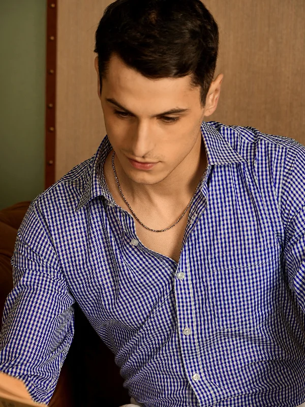 Men's Short-Sleeve Shirts for Warm WeatherDark Blue and White: Men's Micro Checked Formal Shirt