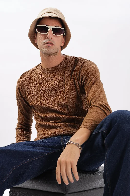Men's Shirts with Embellished SleevesWinter Weave Knit T-Shirt: Brown