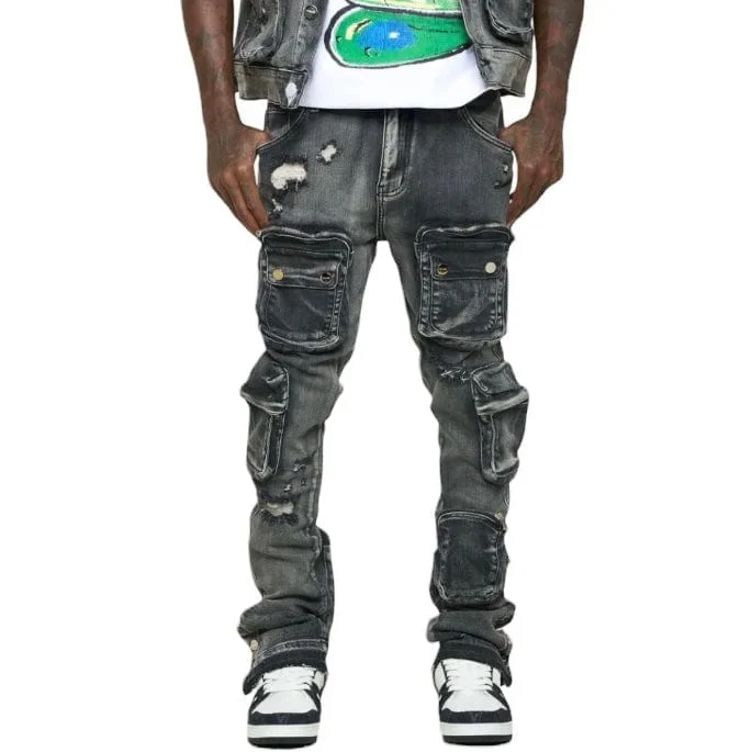 Men's Sweatpants for LoungingPheelings "Journey To Greatness" Cargo Flare Stacked Denim (Black)